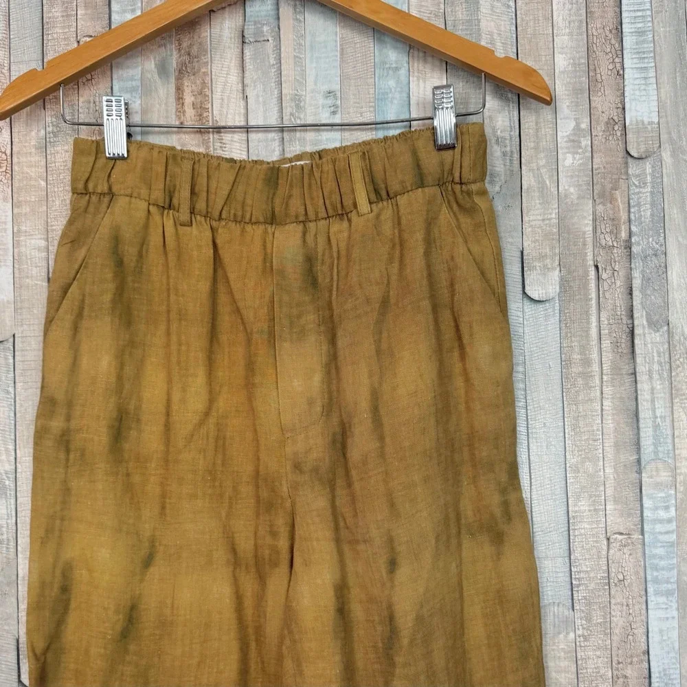 Zara XS Ombre Dip Tie Dye Linen Blend Pull On Trousers Pants Mustard Yellow Grey